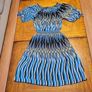 Enfocus Studio Blue, Gold & Black Sheer Dress